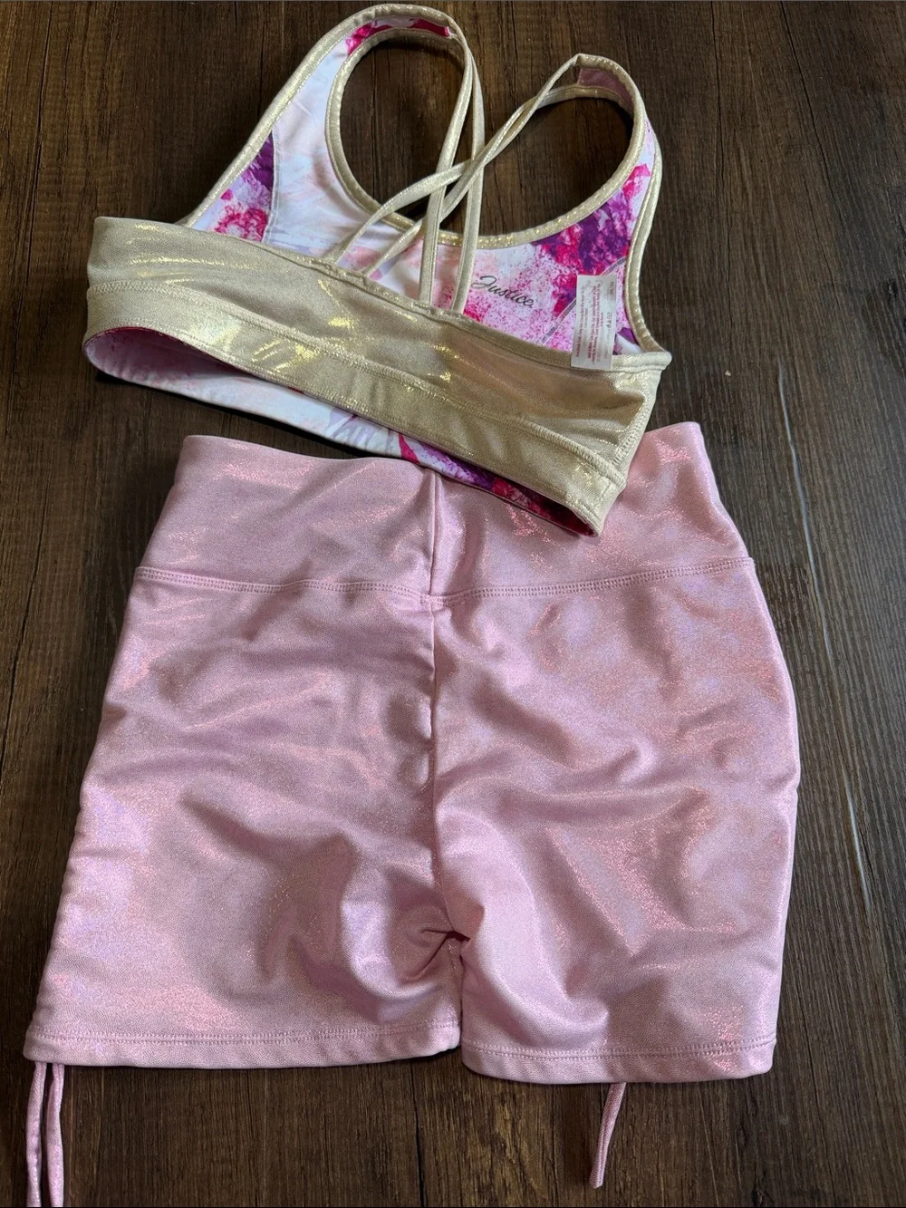 Justice Pink Shimmer Bike Shorts with Pink Watercolor Sports Bra